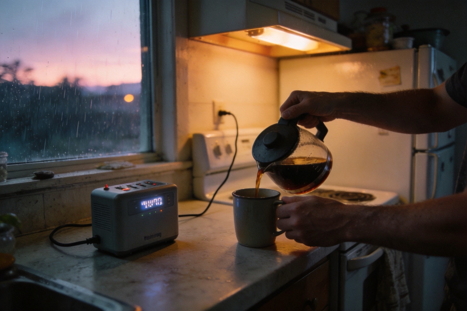 Coffee being poured in a dawn kitchen while a small battery keeps the counter running after a storm night
