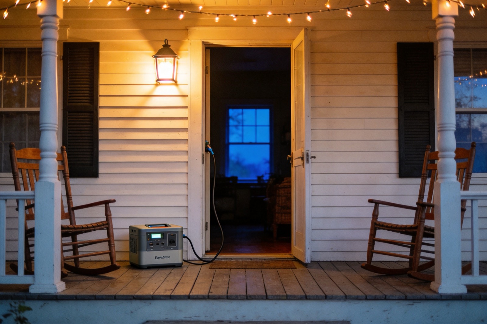 A front porch at evening with string lights glowing and a portable power station running a cord through the open door