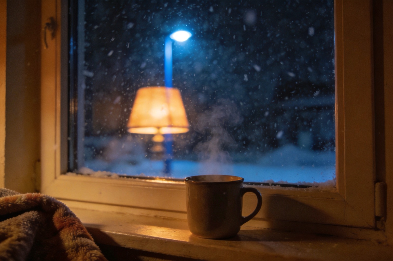 Heavy snow falling outside a window at night, seen from a warm lamplit room with a steaming mug on the sill
