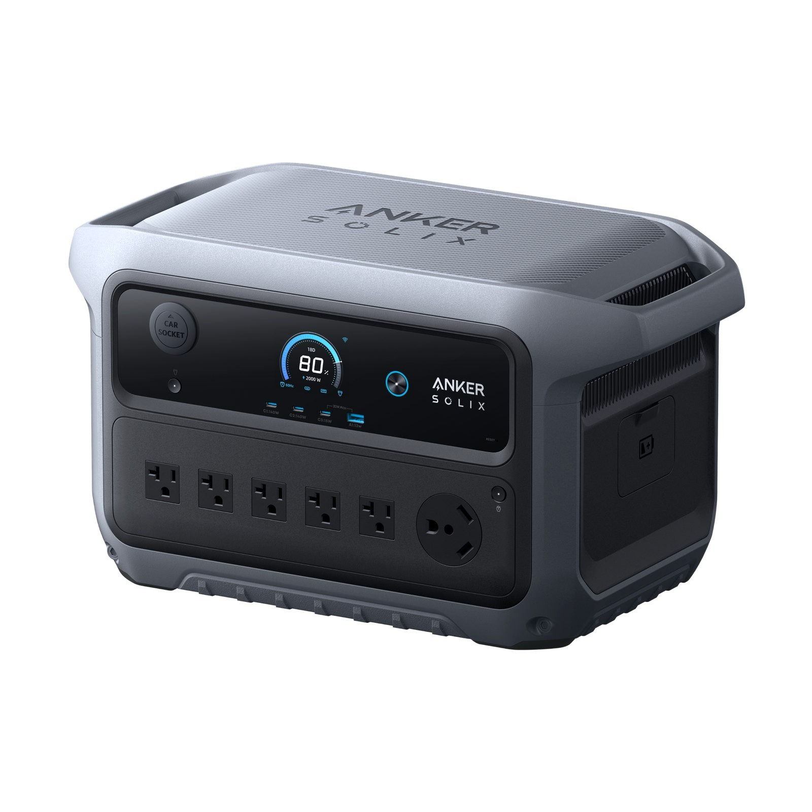 Official Anker SOLIX studio photo of the C2000 Gen 2 portable power station, two-tone gray case with dual top handles, color display, and a row of AC outlets.