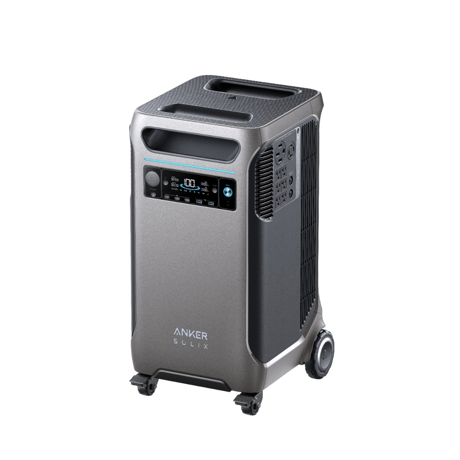 Official Anker SOLIX studio photo of the F3800 portable power station, tall gray wheeled cabinet with casters, front display, and side AC panel.