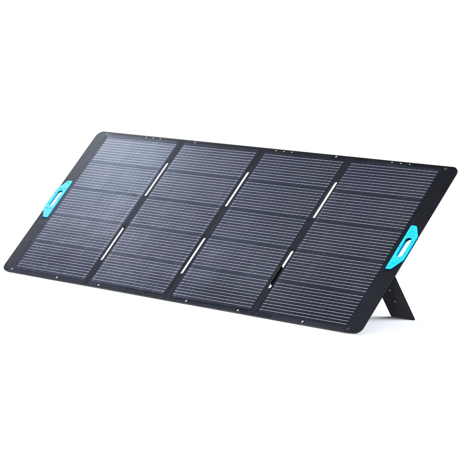 Official Anker SOLIX studio photo of the PS400 400W folding solar panel, four dark cells with bright blue end handles and kickstands.