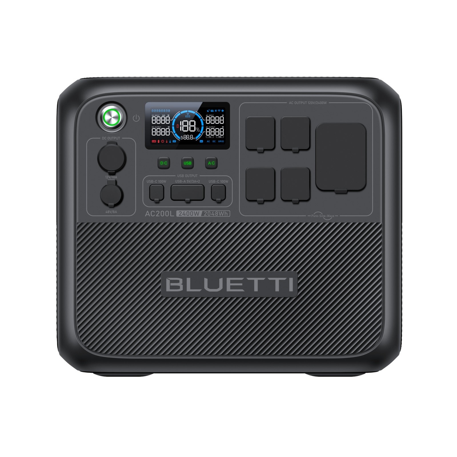 Official BLUETTI studio photo of the AC200L portable power station, charcoal case with ribbed lower panel, LCD at 100 percent, AC outlets on the right.