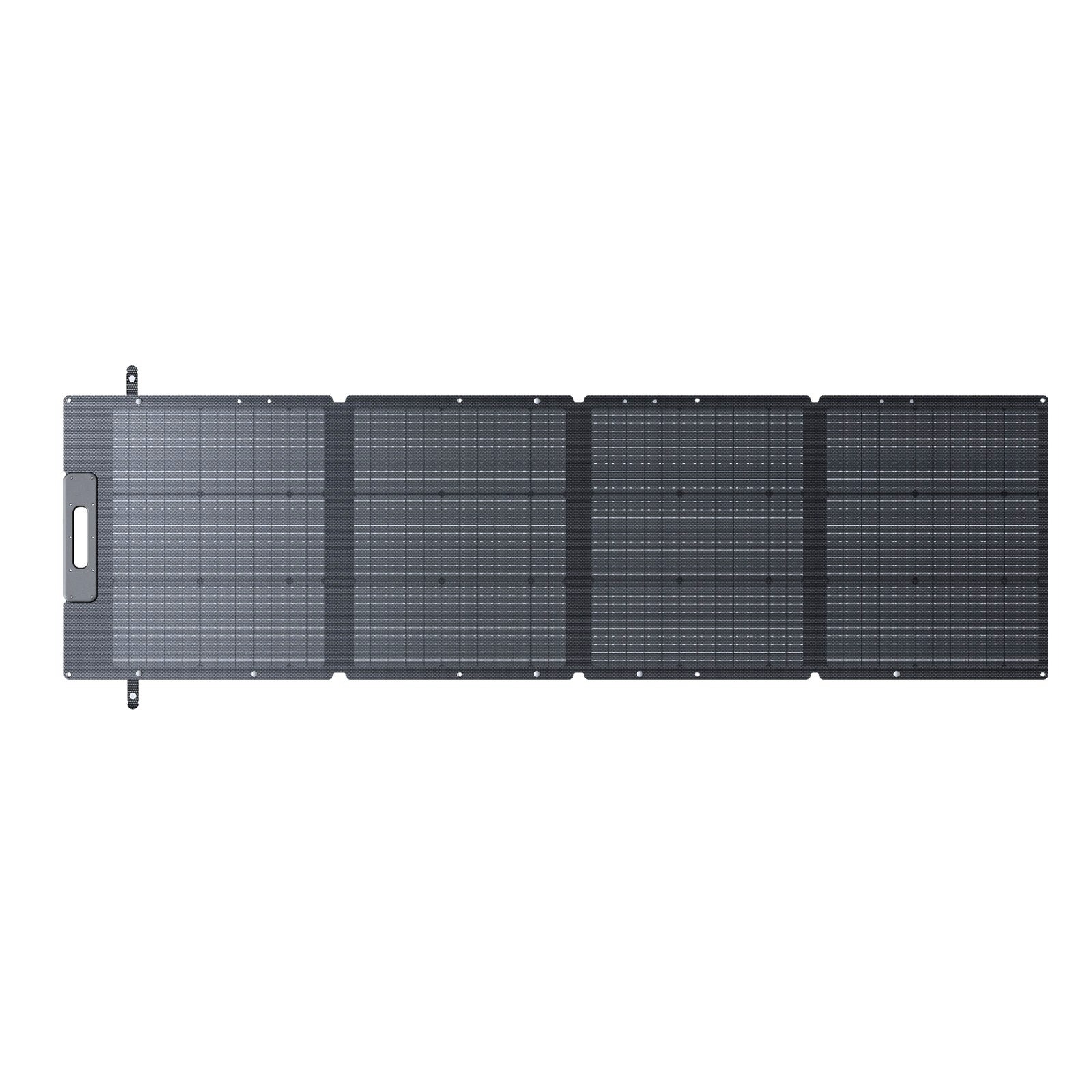 Official BLUETTI studio photo of the 200W portable folding solar panel, four black cells with an integrated handle and grommets along the edges.