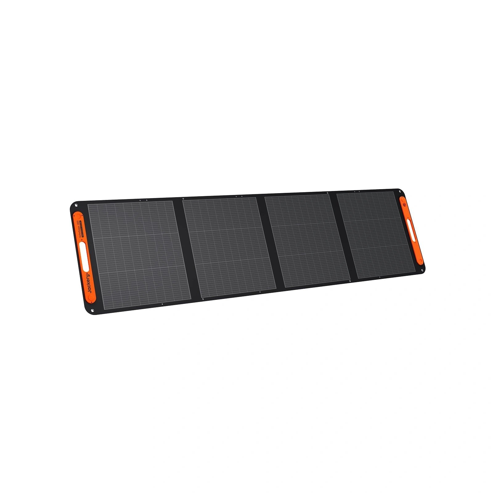 Official Jackery studio photo of the SolarSaga 200W folding solar panel, four dark cells with orange SolarSaga 200 handles on both ends.